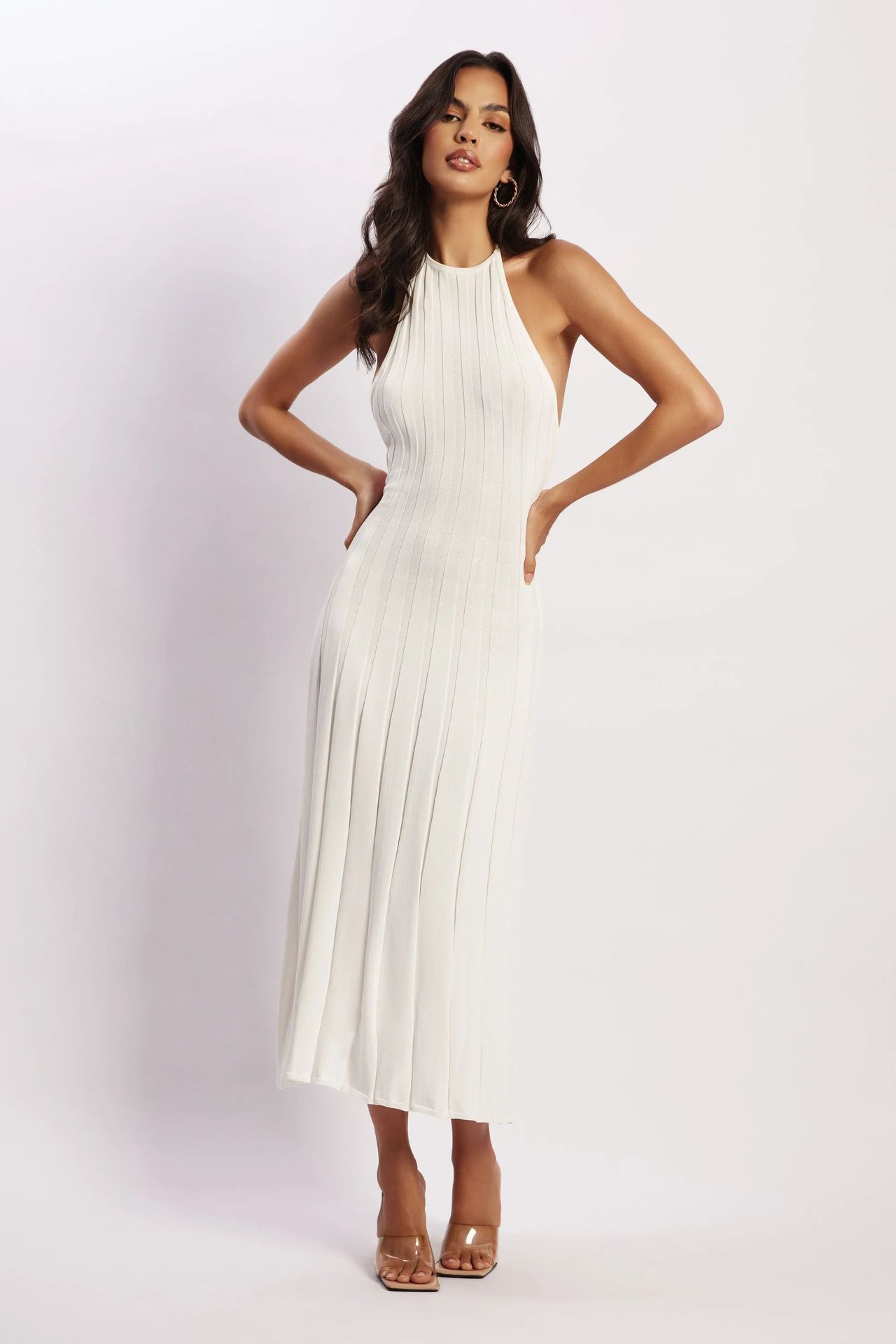 Robe midi plissée col licou dos nu - Dalila