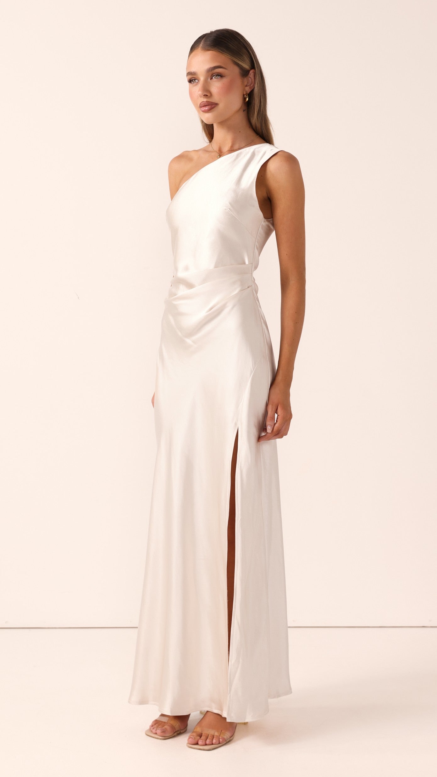 Vestido largo mujer un solo hombro fruncido cintura abertura frontal elegante - Marim