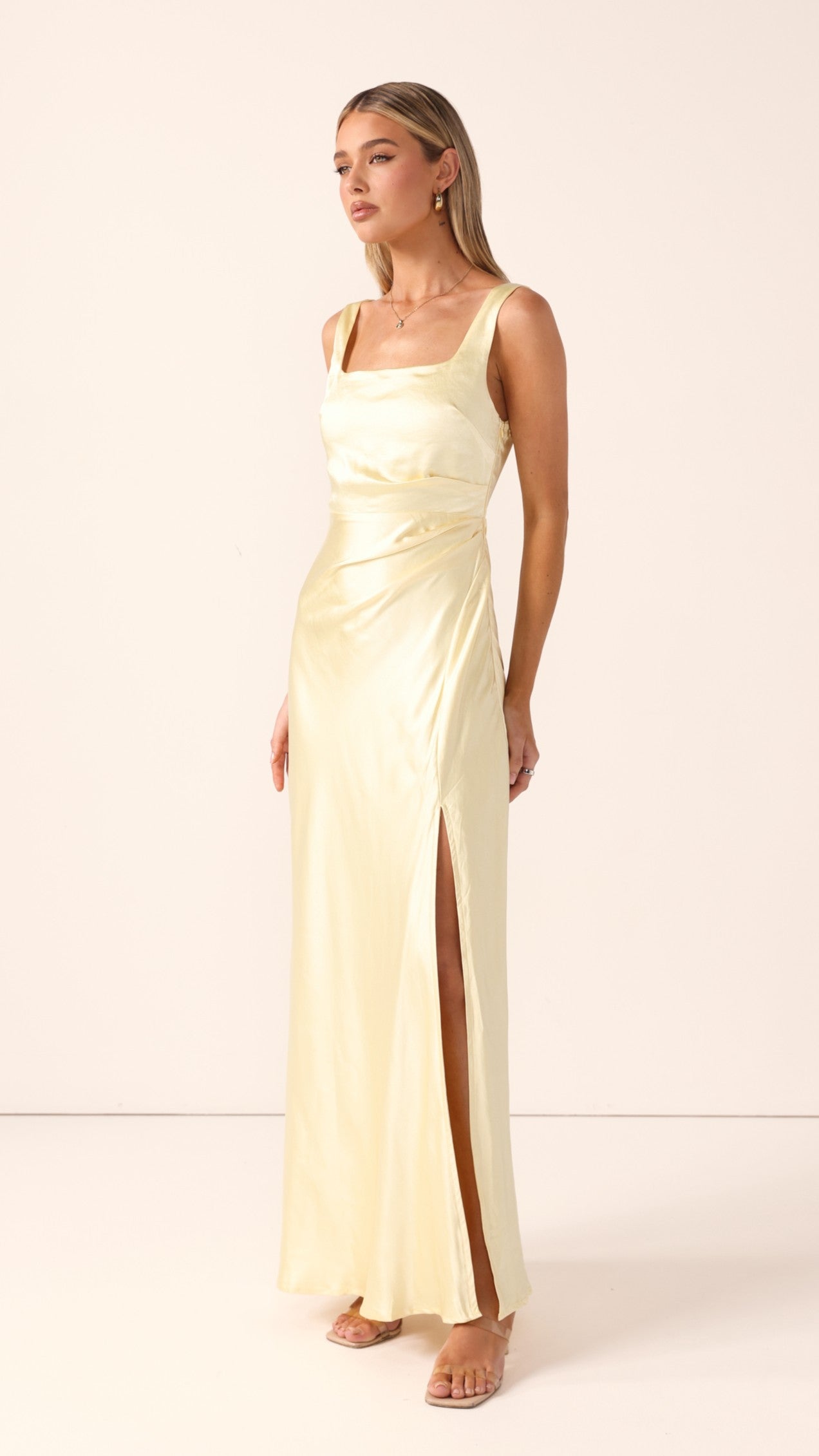Vestido largo elegante mujer escote cuadrado tirantes anchos fruncido lateral abertura - Alina