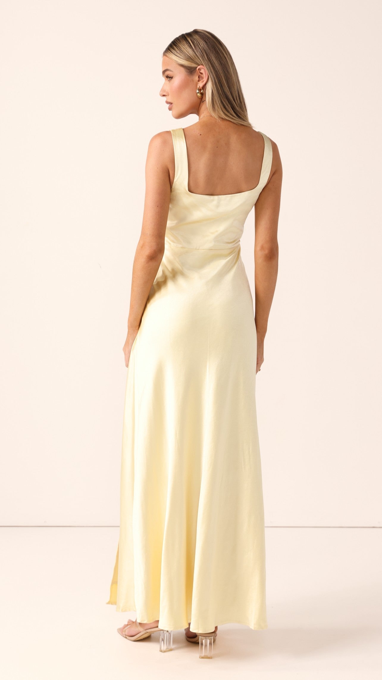 Vestido largo elegante mujer escote cuadrado tirantes anchos fruncido lateral abertura - Alina