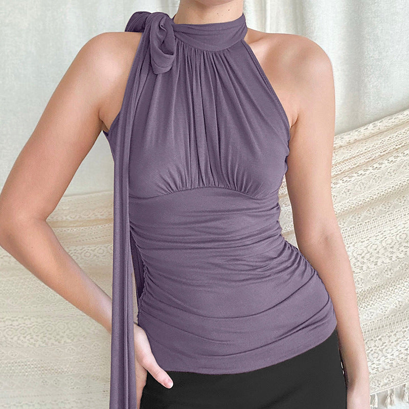 Blouse dos nu nœud encolure tissu plissé - Florence