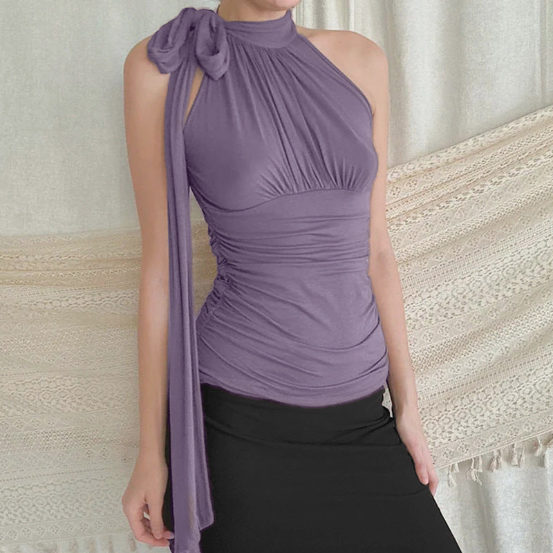 Blouse dos nu nœud encolure tissu plissé - Florence