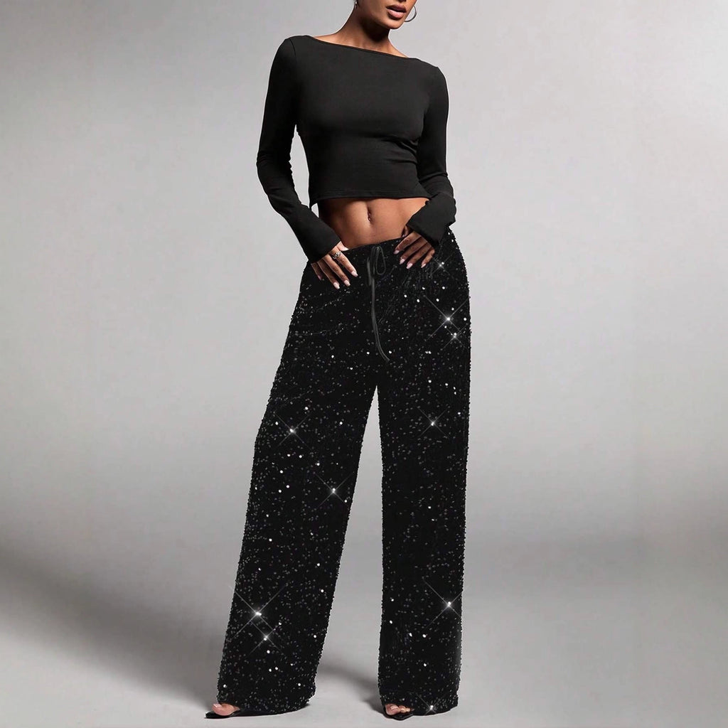 Pantalon en tissu à effet pailleté avec coupe large et drapé fluide pour femmes - Lyrane