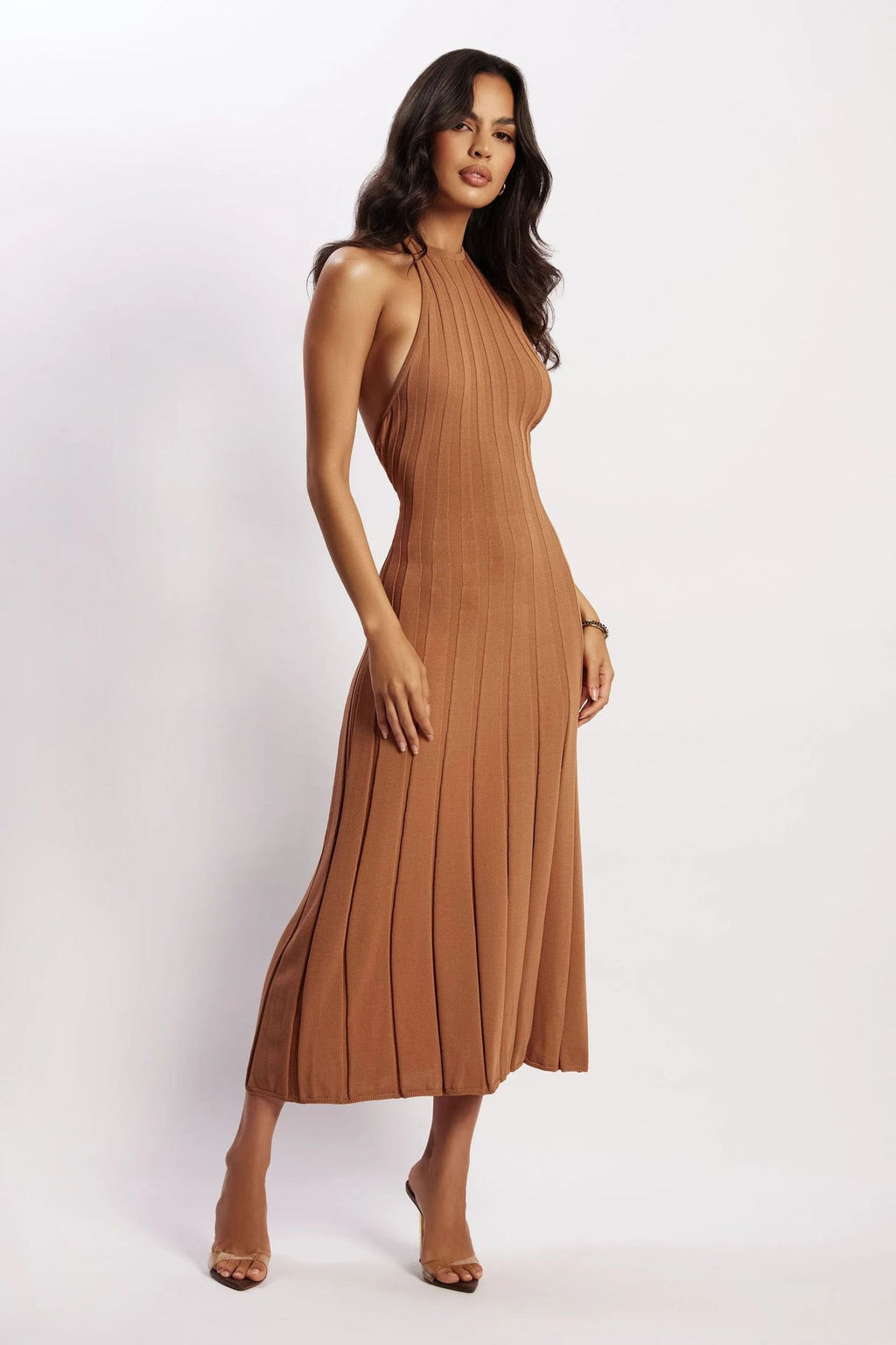Robe midi plissée col licou dos nu - Dalila