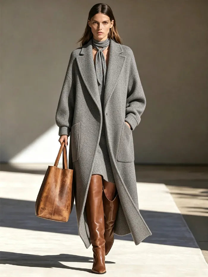 Manteau long femme à revers coupe droite élégant hiver - Mara
