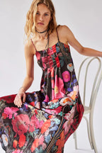 Robe longue femme coupe évasée taille haute motif fleuri - Althea