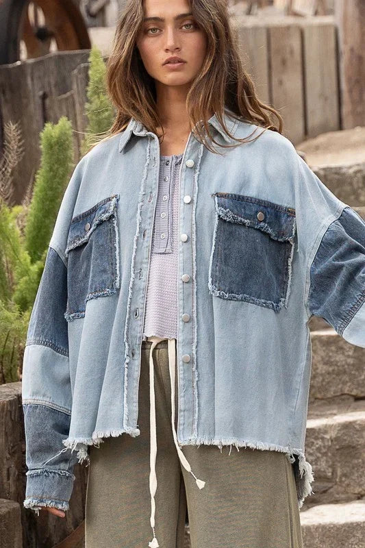 Veste jean vintage femme bicolore denim contrasté - Ottilie