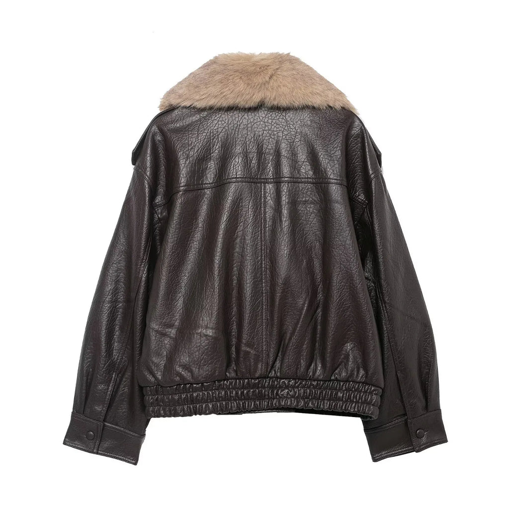 Veste femme effet cuir large col effet fourrure chaude - Nymera