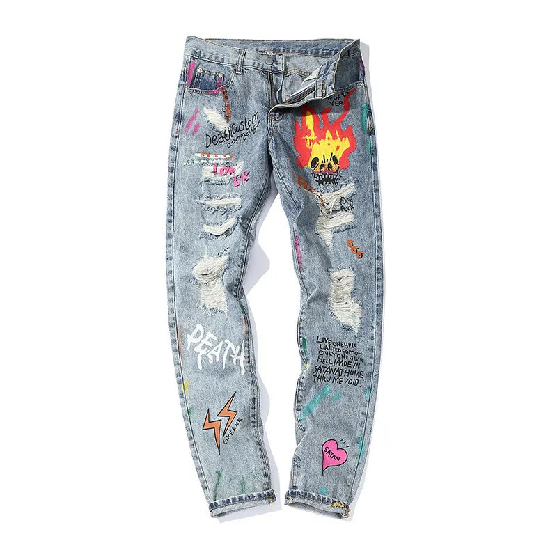 Jean en denim avec imprimé graphique et déchirures - Sindre