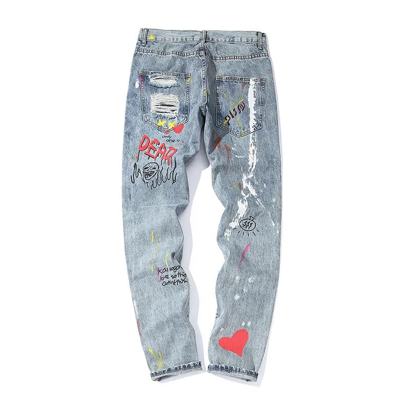 Jean en denim avec imprimé graphique et déchirures - Sindre
