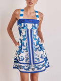 Robe courte coupe A-line panneau ornemental vertical larges bretelles - Mireya