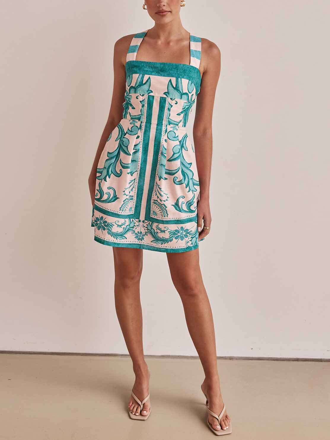 Robe courte coupe A-line panneau ornemental vertical larges bretelles - Mireya