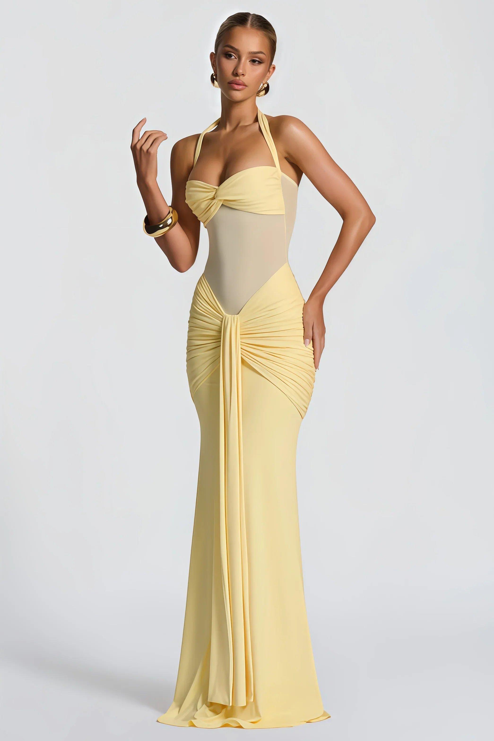 Élégante robe longue femme à encolure dos nu et drapé - Elira