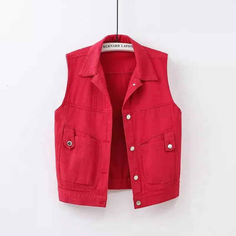 Gilet court denim sans manches poches - Victoria