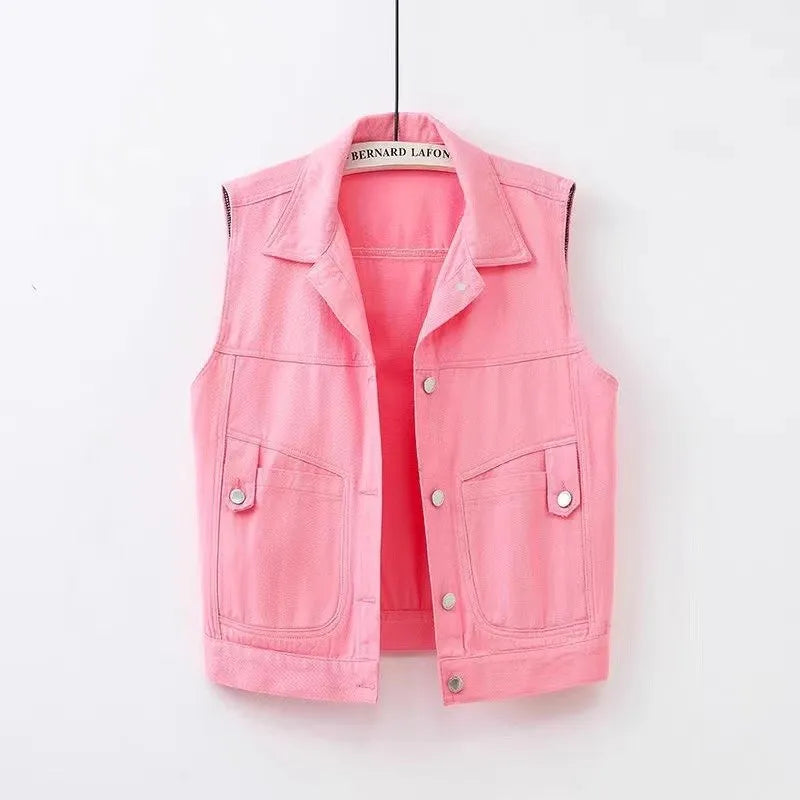 Gilet court denim sans manches poches - Victoria