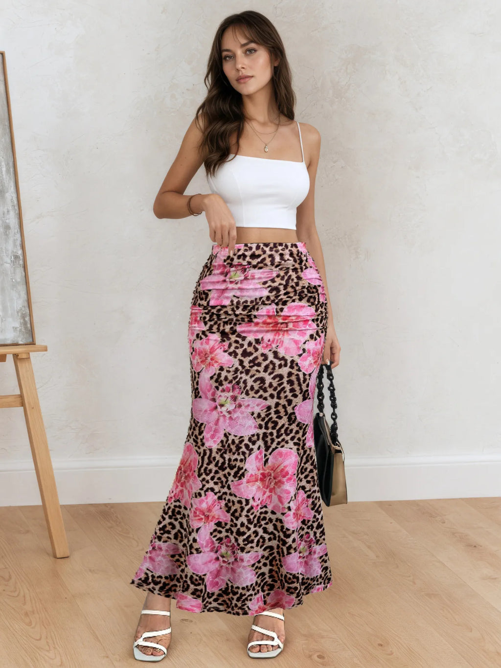 Jupe longue femme à motif floral et animalier - Elira