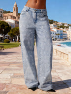 Jean taille haute jambe large cœurs brillants brodés - Kimberly