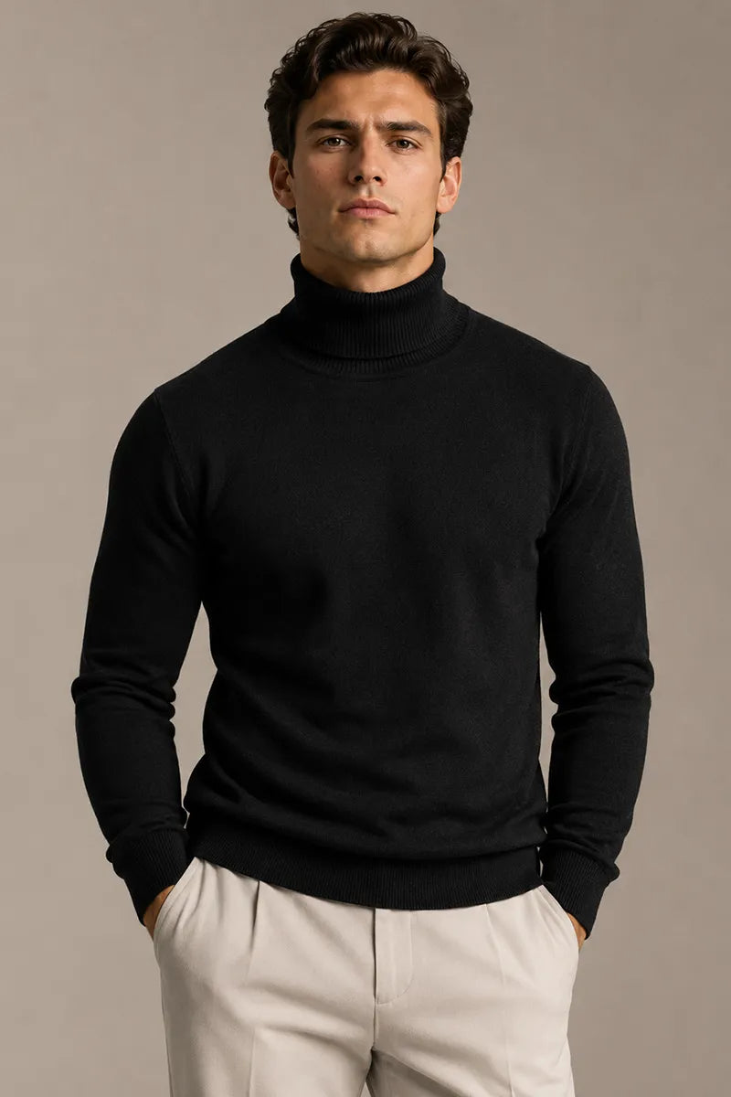 Pull homme col roulé coupe ajustée maille unie slim - Caspar