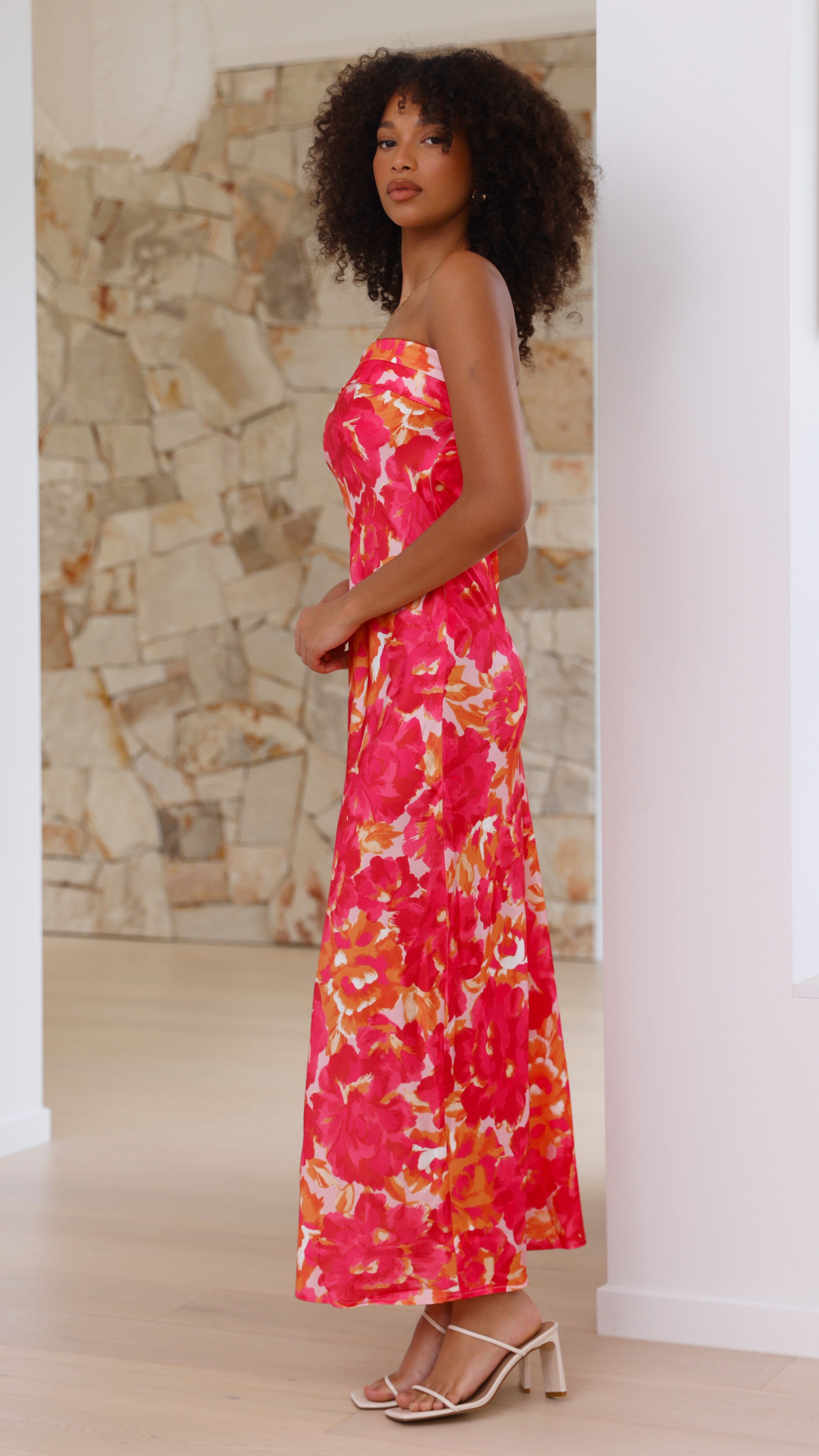 Vestido largo floral mujer sin tirantes espalda abierta elástica detalle caída - Kaia