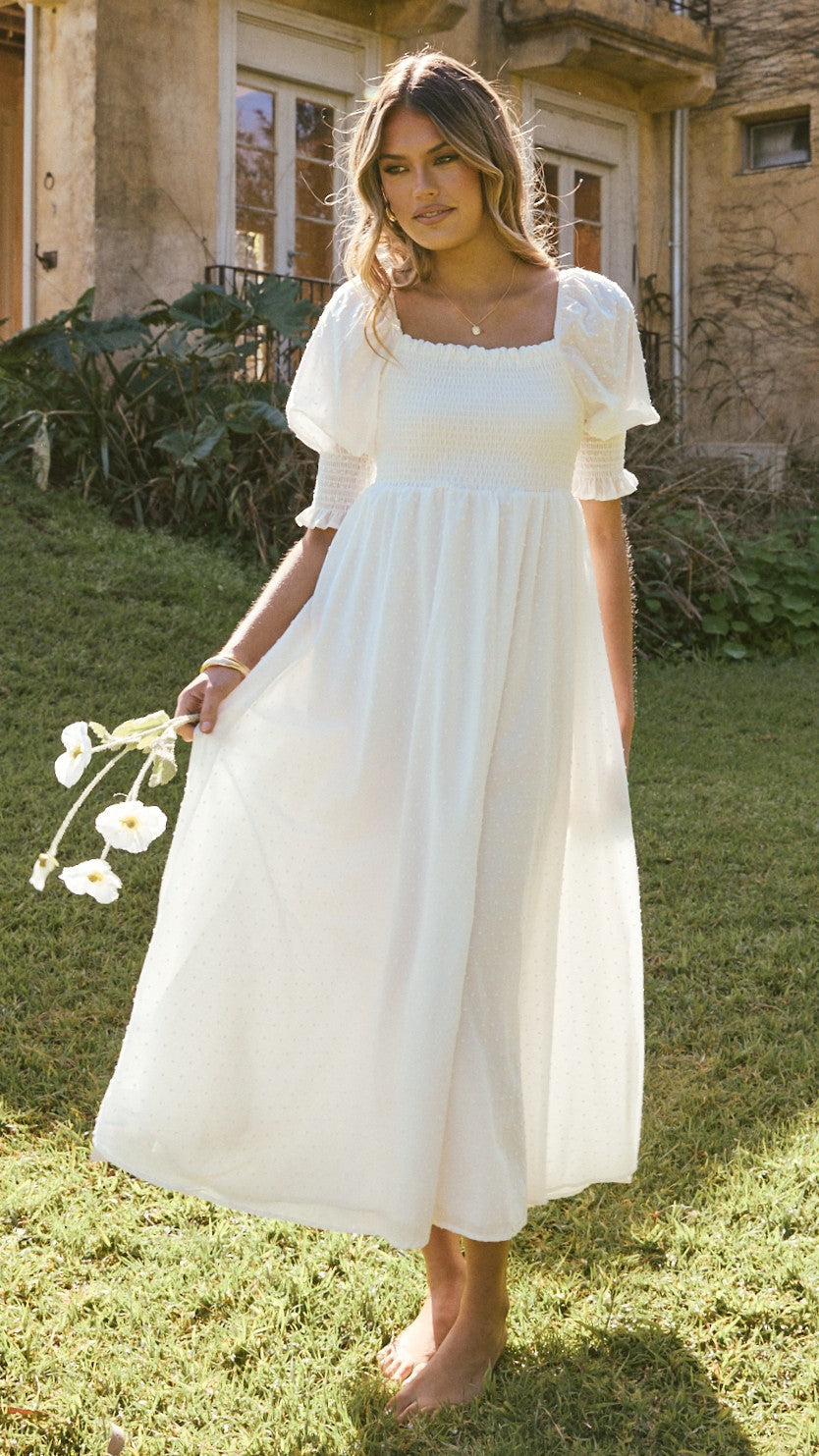 Vestido midi blanco mujer hombros descubiertos cuerpo fruncido mangas abullonadas - Renata