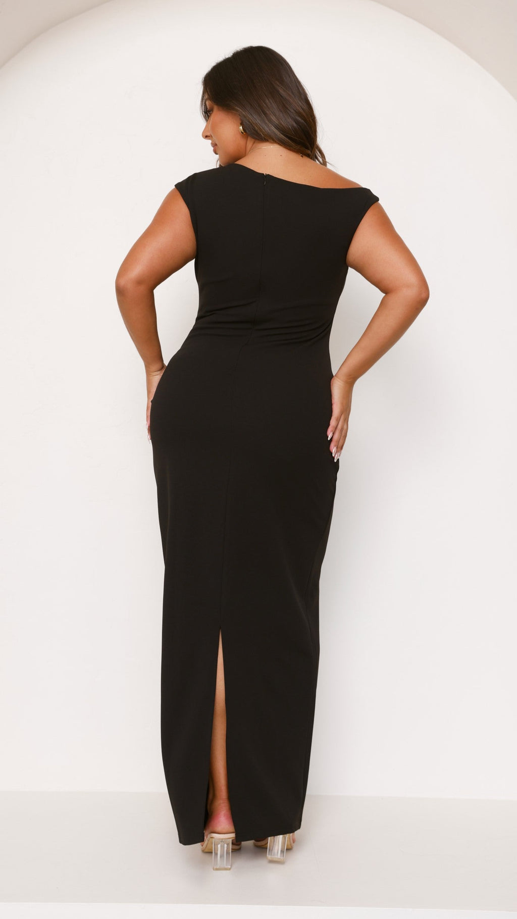 Vestido largo mujer escote alto asimétrico fruncido lateral sin mangas gala - Karely