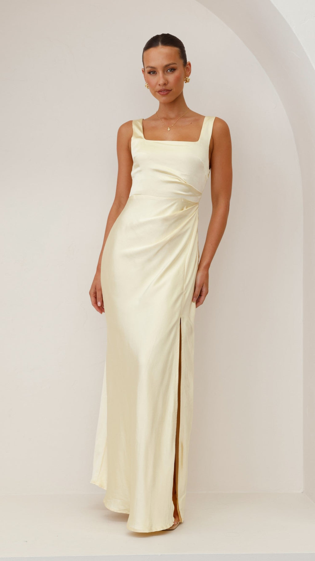 Vestido largo elegante mujer escote cuadrado tirantes anchos fruncido lateral abertura - Alina
