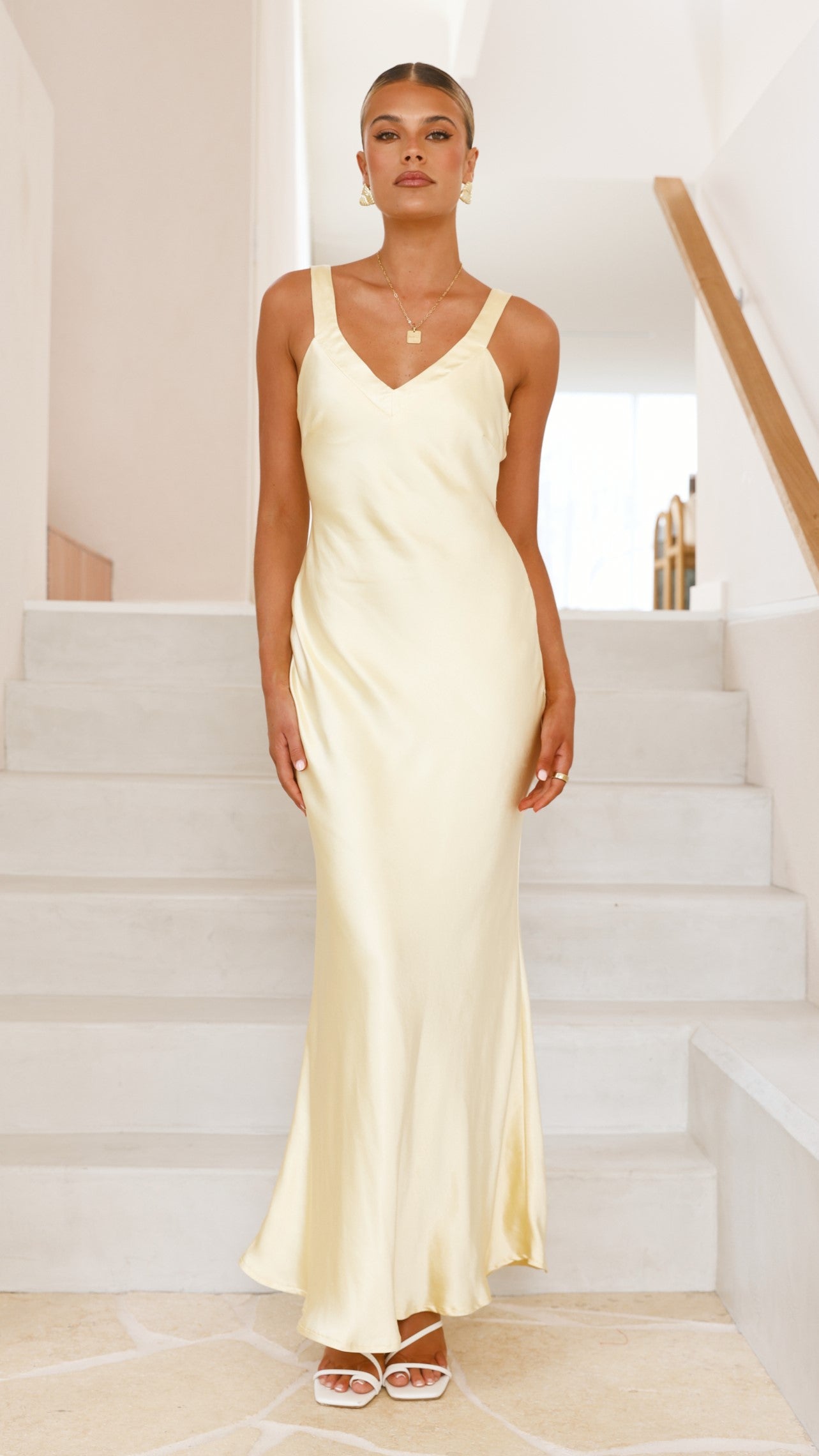 Vestido largo satinado mujer escote V busto triangular tirantes anchos espalda cruzada - Alondra