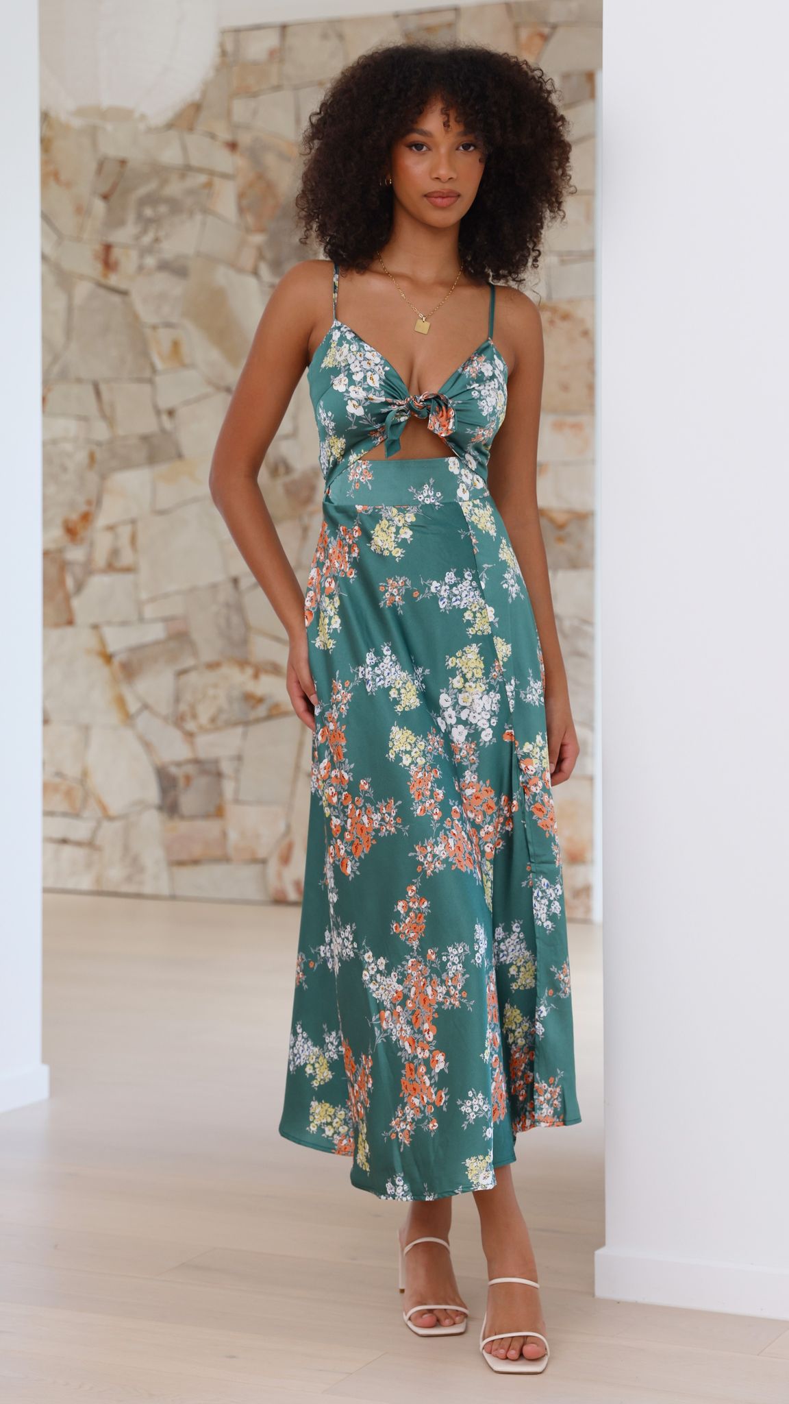 Vestido midi floral mujer escote anudado tirantes regulables cintura ajustada - Loisa