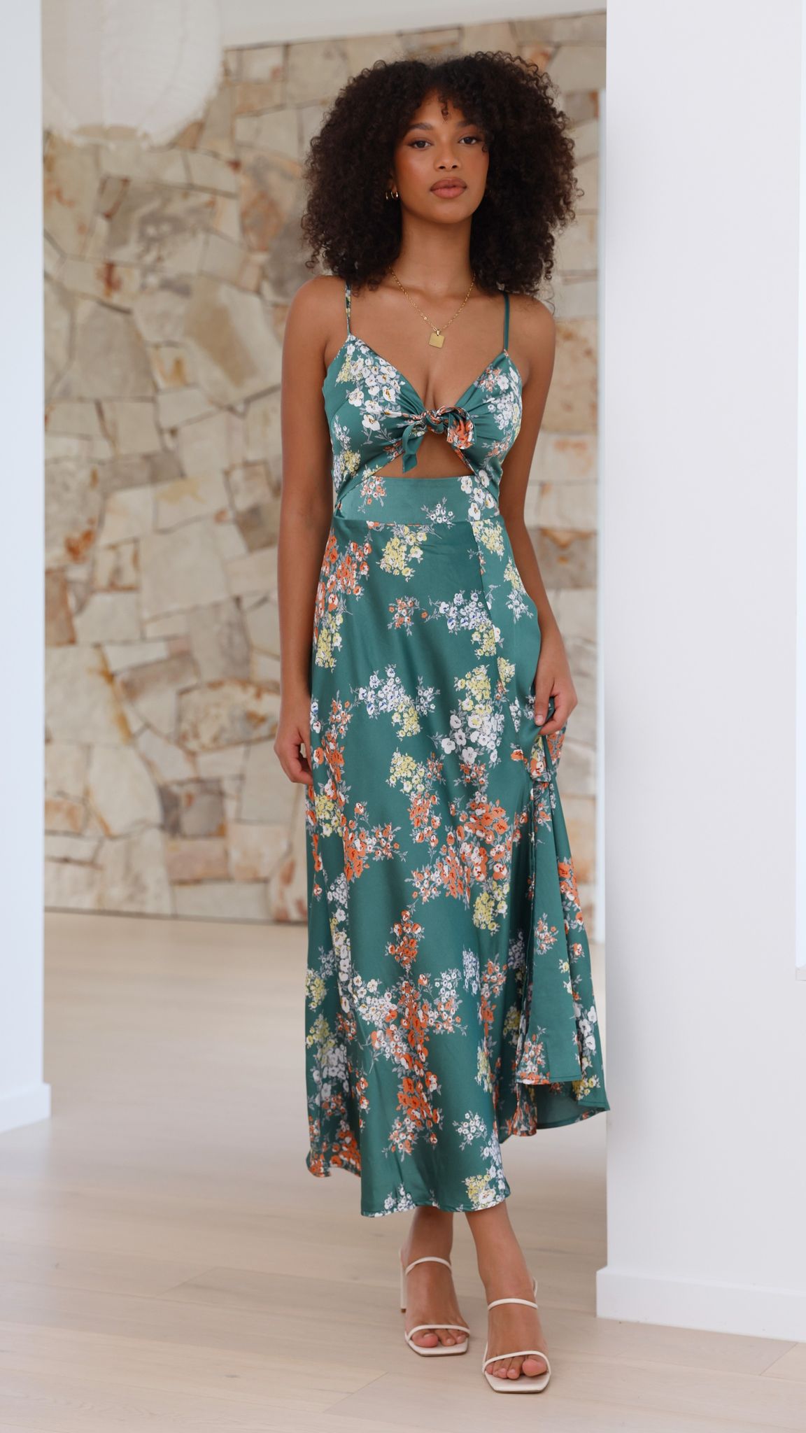 Vestido midi floral mujer escote anudado tirantes regulables cintura ajustada - Loisa
