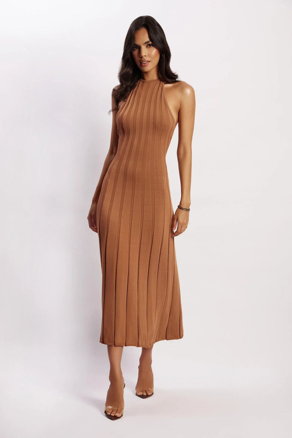 Robe midi plissée col licou dos nu - Dalila