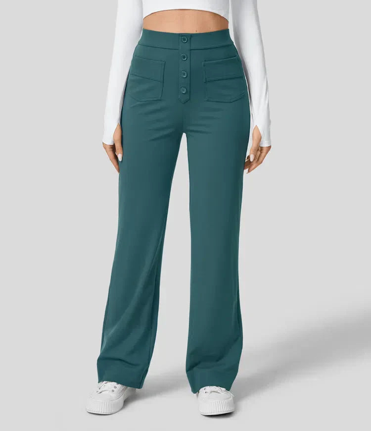 Pantalon en tissu lisse avec boutonnage sur le devant et taille haute et coupe droite - Elvren