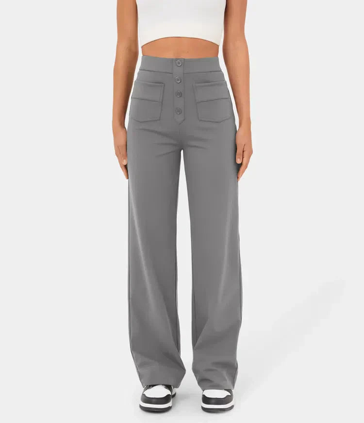 Pantalon en tissu lisse avec boutonnage sur le devant et taille haute et coupe droite - Elvren