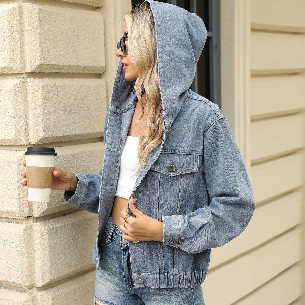Veste jean femme capuche effet délavé denim casual - Livia