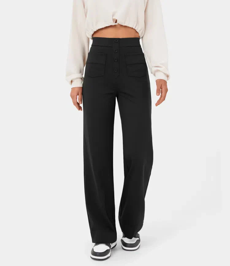Pantalon en tissu lisse avec boutonnage sur le devant et taille haute et coupe droite - Elvren