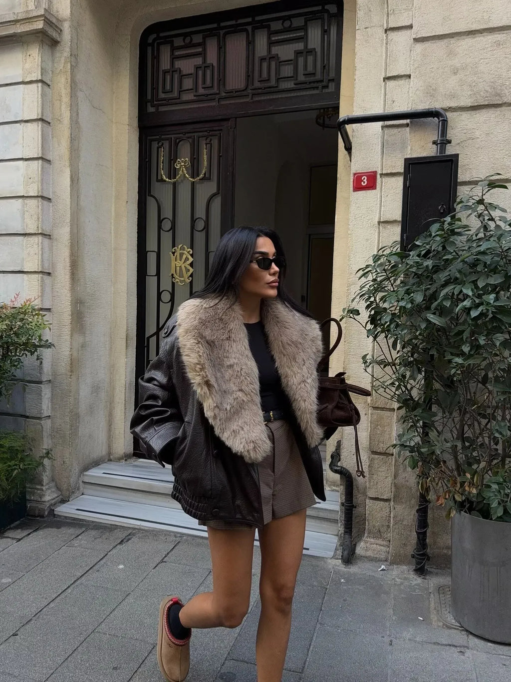 Veste femme effet cuir large col effet fourrure chaude - Nymera