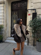 Veste femme effet cuir large col effet fourrure chaude - Nymera