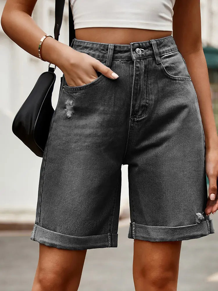 Bermuda denim effiloché ourlet plié longueur cuisse - Charlotte
