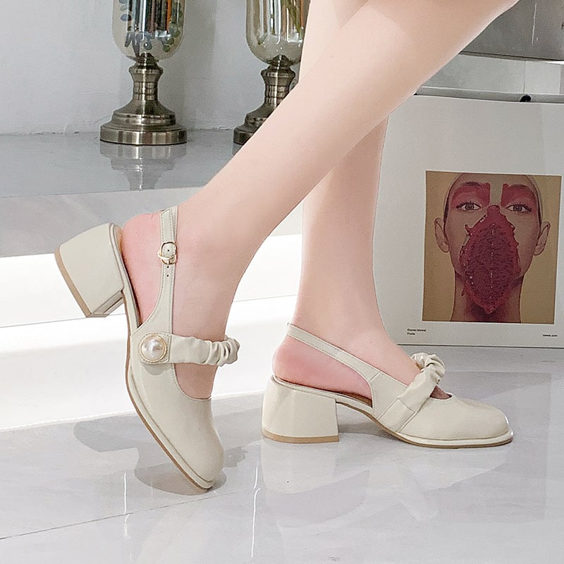 Sandales femme talon large bout fermé bride réglable perle décorative - Perla
