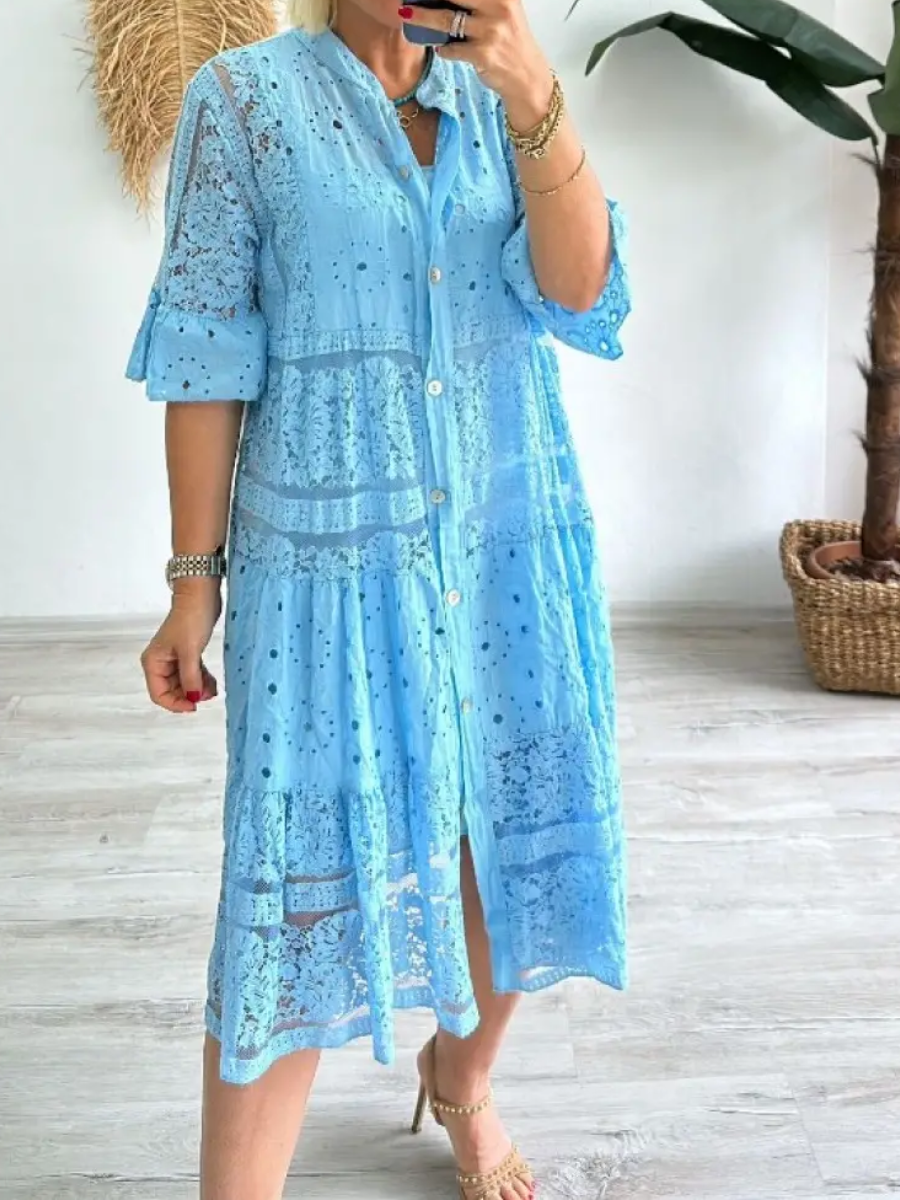 Robe femme broderies décoratives boutonnage devant détails ajourés - Merker
