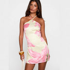 Robe courte fleurie dos nu encolure licou - Martina