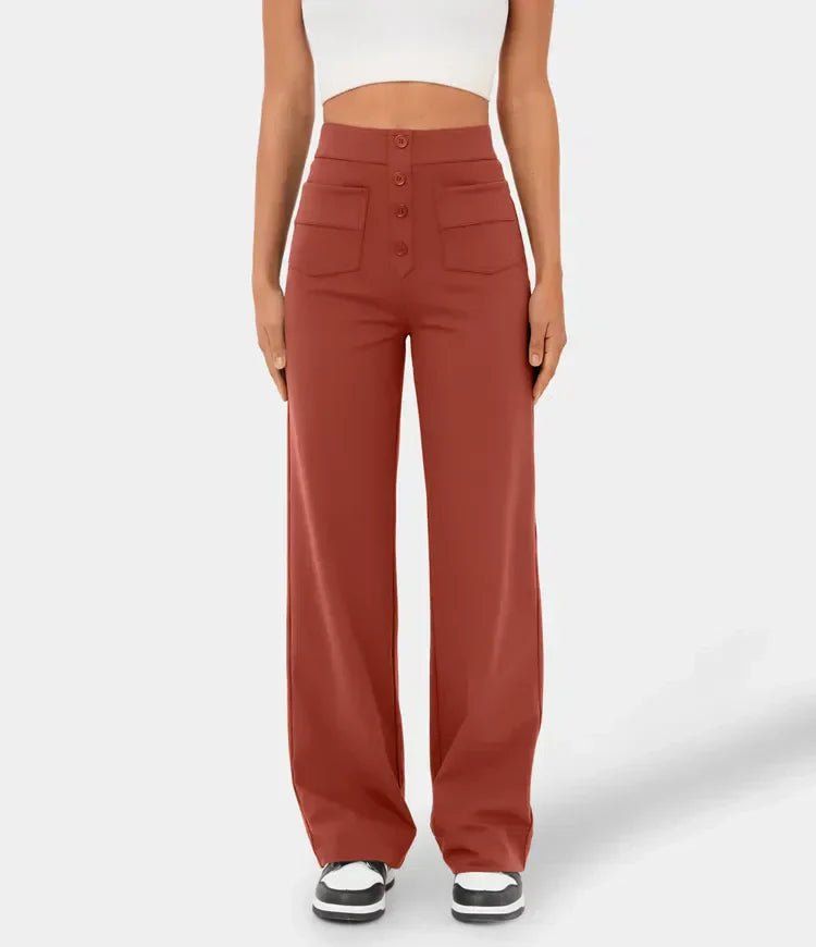 Pantalon en tissu lisse avec boutonnage sur le devant et taille haute et coupe droite - Elvren
