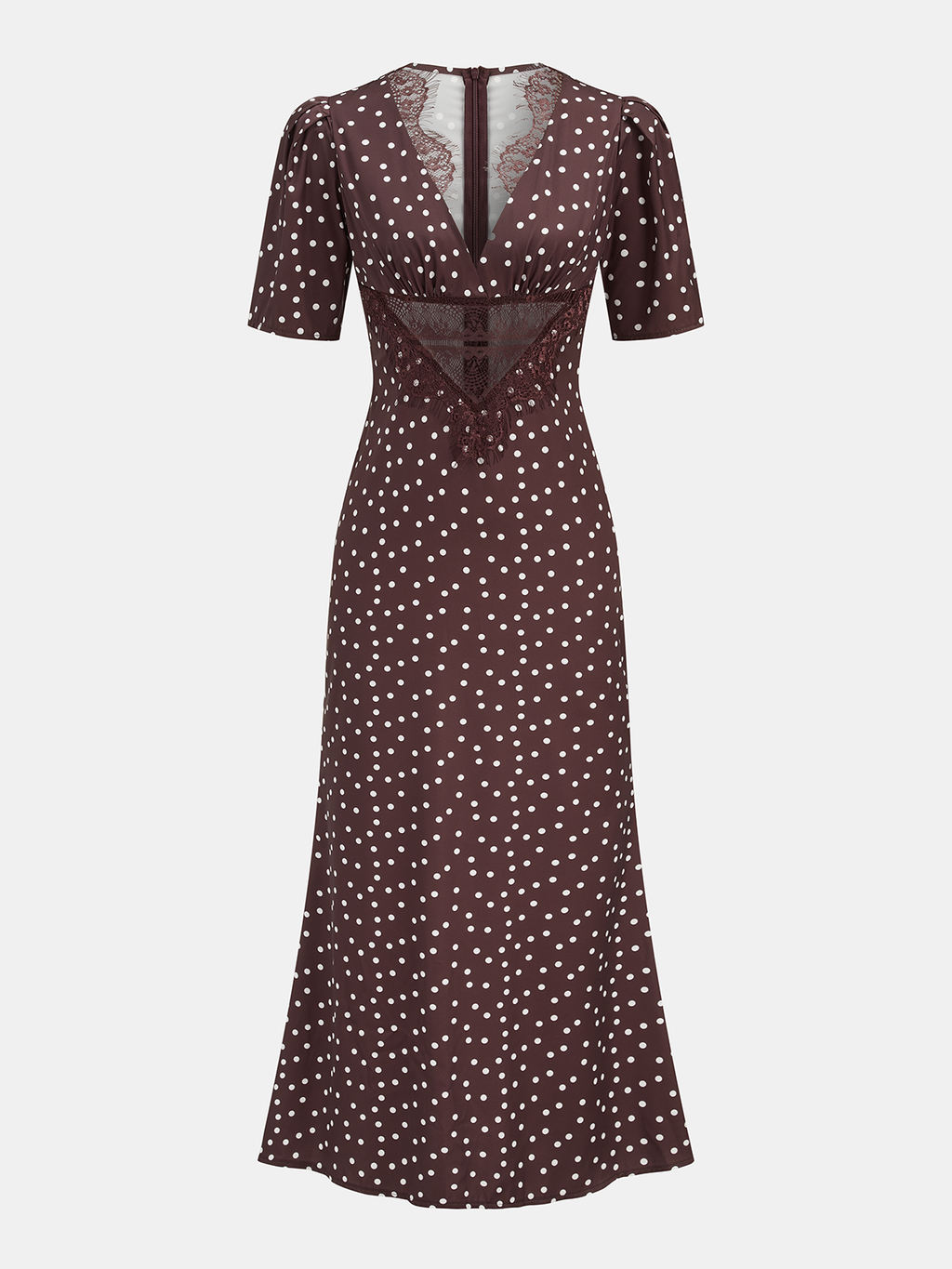 Robe midi à pois décolleté en V dentelle manches courtes - Mechthild