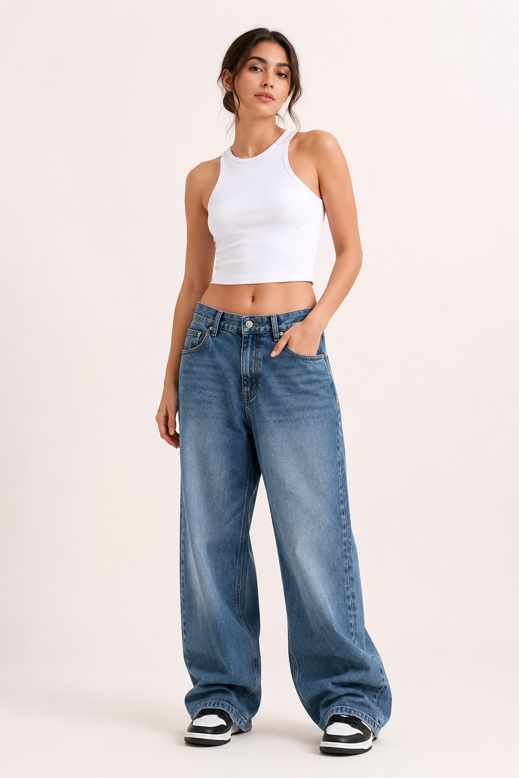 Jean baggy pour femme, à jambes larges, délavage clair et ourlet long - Helga