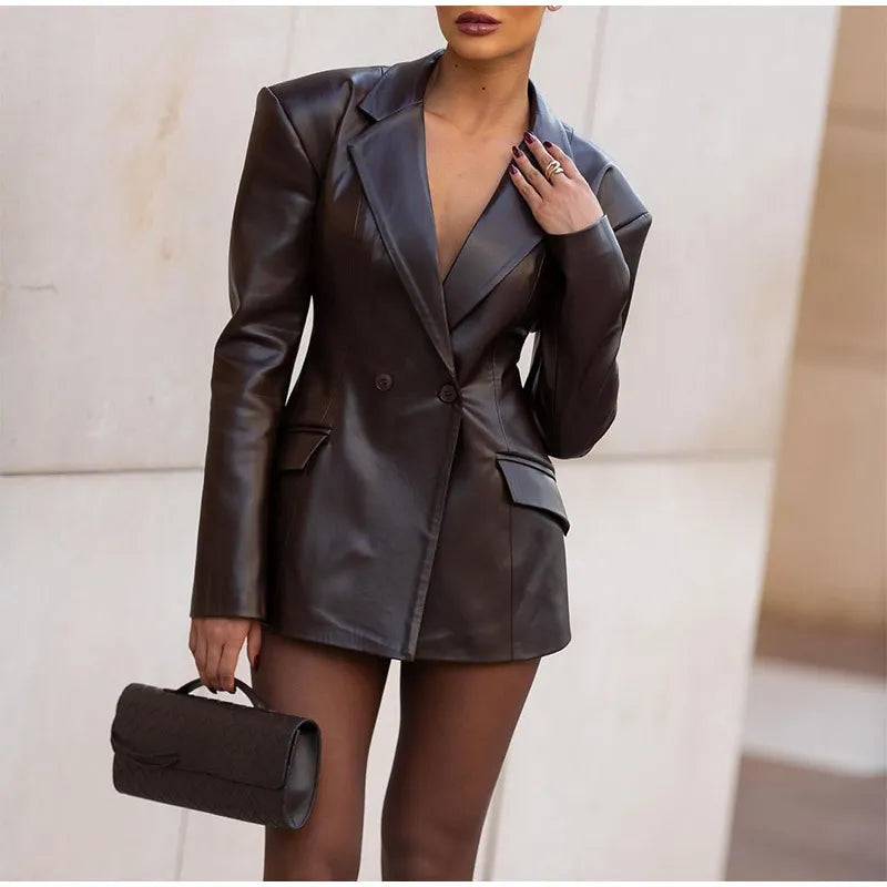 Blazer femme effet cuir taille cintrée revers structuré - Odile