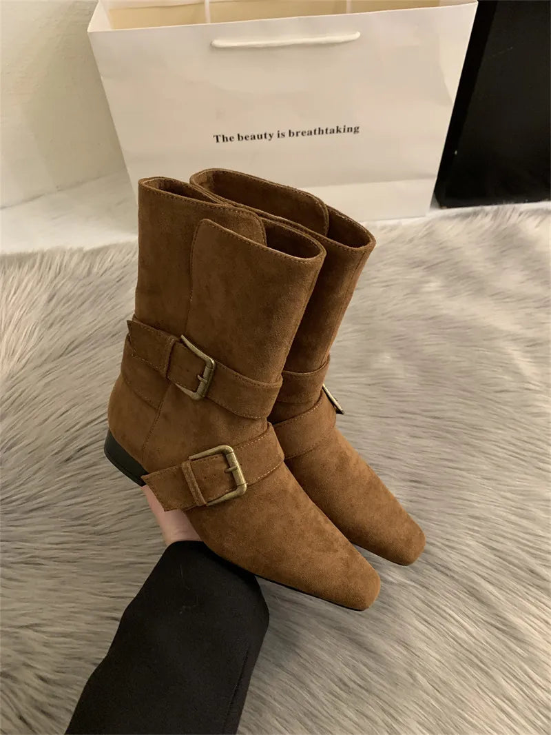 Bottines femme effet daim boucles tige courte automne - Pelinna