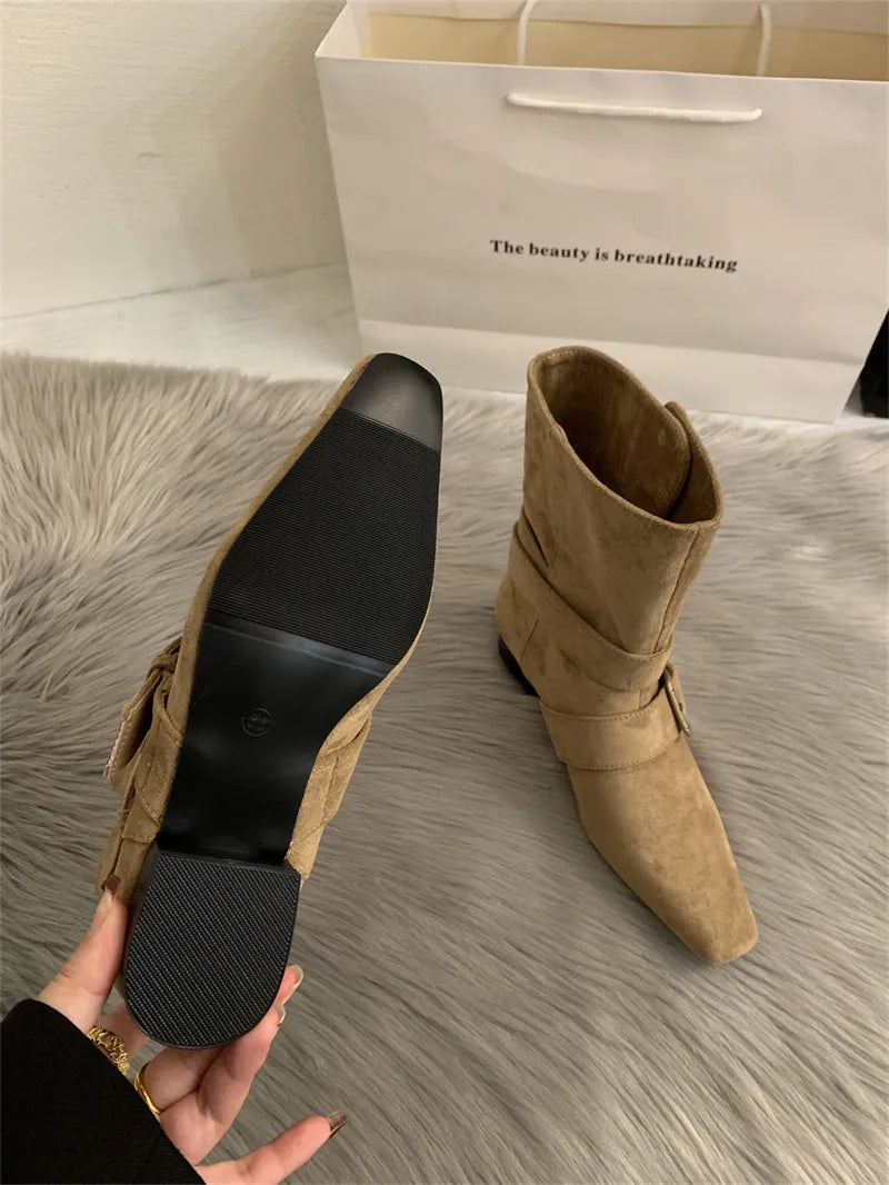 Bottines femme effet daim boucles tige courte automne - Pelinna