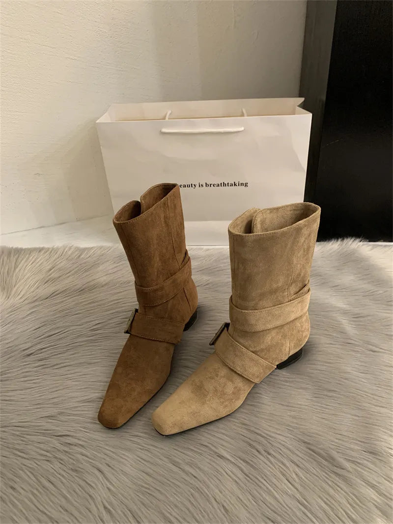 Bottines femme effet daim boucles tige courte automne - Pelinna