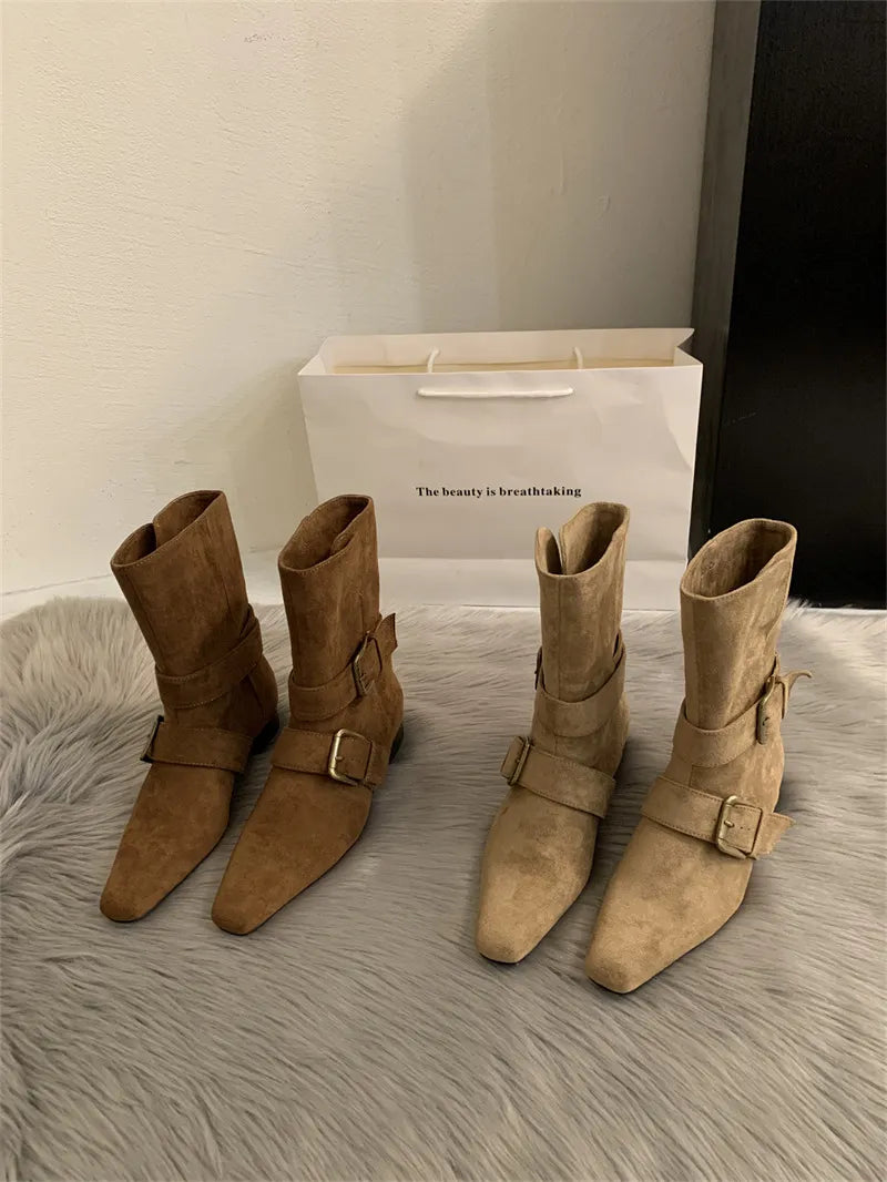 Bottines femme effet daim boucles tige courte automne - Pelinna