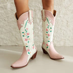 Bottes femme western bout pointu broderies florales talon large - Lizzy