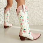 Bottes femme western bout pointu broderies florales talon large - Lizzy